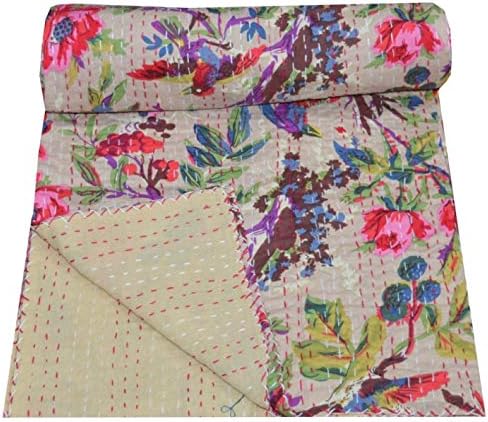 YuvancraftsIndian Bird And Floral Print Kantha Quilt Traditional Pure Cotton Twin Size Kantha Quilt Floral Kantha Quilt Blanket Bedspread