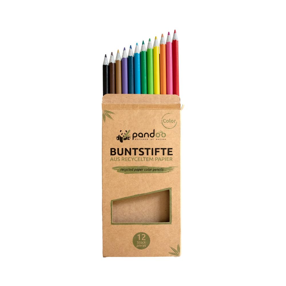 pandoo Coloured Pencils Made from Recycled Newspaper 12 Pack | Eco-Friendly & Sustainable Stationary | Plastic-Free Color Pens | 12 Colouring Pencil Set | Arts, School, Kids