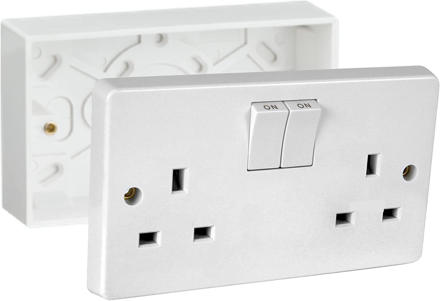 Mr.Gadget's Solutions 13A Double White Switched Socket & Double Surface Mount 25mm Pattress Box 2 Gang Set Electrical Outlets