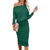 oten 2025 Women's Off Shoulder Bodycon Dress Batwing 3/4 Sleeve Ribbed Cocktail Wedding Guest Party Midi Dress
