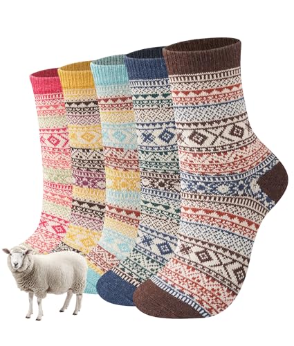 YESWEL Chaussettes en Laine Femme 39-42 35-38 5 Paires, Chaussettes Nordic, chaussette d'Hiver, Tricot Épaisses de Noël, Thermiques Multicolores Cadeaux (Multicolore01)