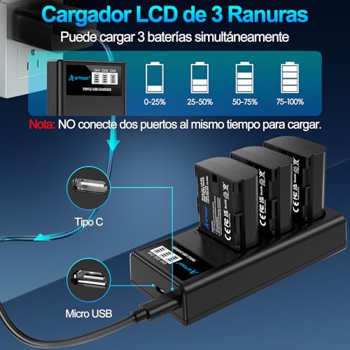 Artman LP-E6N LP-E6 Batería 3-Pack 2750mAh y Cargador LCD de 3 Ranuras para Canon EOS R R5 R6 R7 R5 C, R6 Mark II, EOS 5D Mark II III IV, 5D SR, 6D Mark II 7D Mark II, 6D 7D 90D 80D 70D 60D, XC10 XC15