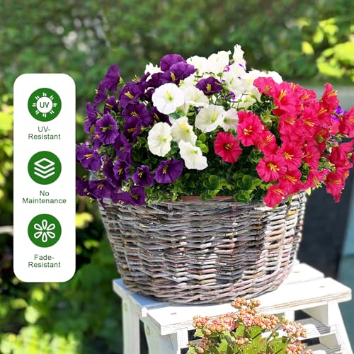 Huiguli 9 Bouquets Outdoor Fake Flowers, Artificial Flowers Plastic UV Resistant Fake Plants Outdoor for Balcony, Patio, Porch, Hanging Garden Indoor Decoration (3 Colors)