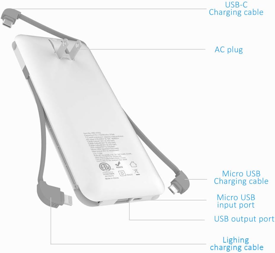 10000mAh Q Portable Charger, Ultra Slim USB C Power Bank, 4 Output Dual Input External Battery Pack with Built-in AC Wall Plug,Built in Micro and USB C Three Cables Compatible with All mobilephone