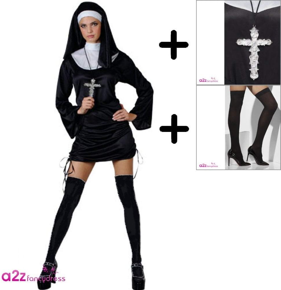 A2ZFD Naughty Nun Sexy Ladies Halloween Hen Fancy Dress COSTUME + BLACK STOCKINGS + CROSS, M (UK: 14-16) - Image 3