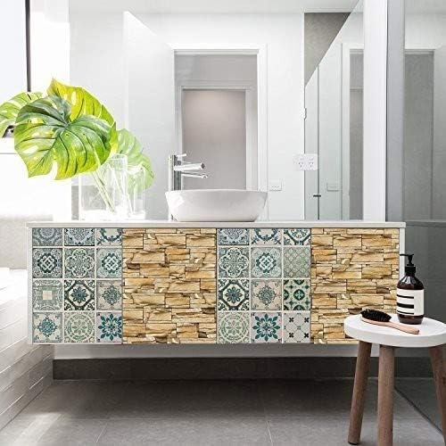 WALPLUS FW4923-COM-WM5110x2/WM5112x2 Green Tiles and Rock Pattern Self-Adhesive Decal Furniture Wrap, Vinyl, Multi-Colour
