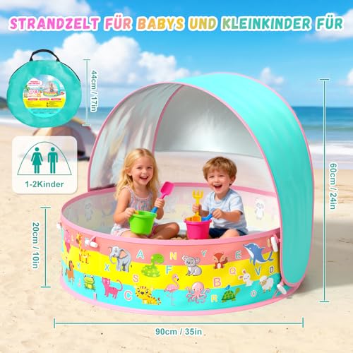 Baby Paddling Pool with Roof, Pop-Up Beach Shelter, Baby UV Protection 50+ with Storage Bag, 4-in-1 Portable Baby Pool with Sun Protection, Summer Must-Haves for Beach, Holiday, Camping and Picnic