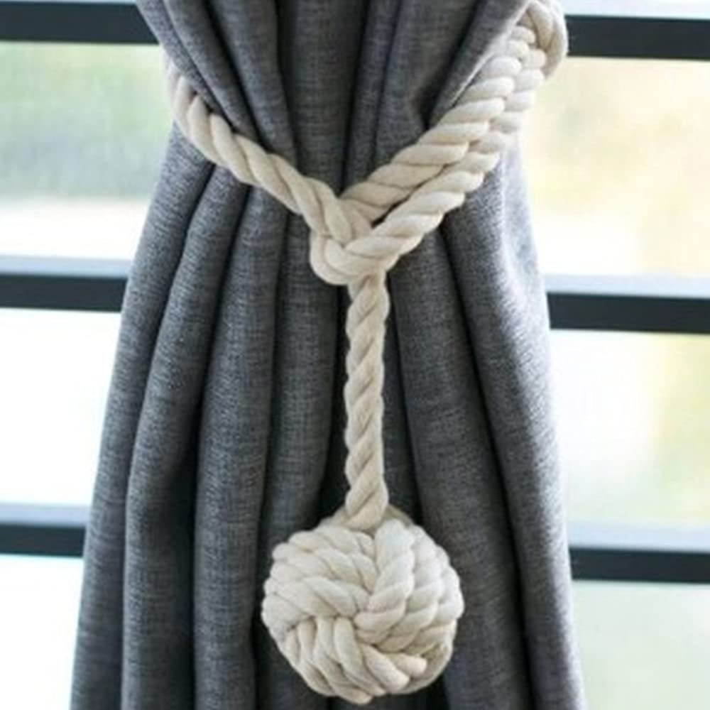 ZoZoMaiy Cotton Curtain Tiebacks, Hand Knitting Rope Tieback with Single Ball, 2 Pieces, Beige