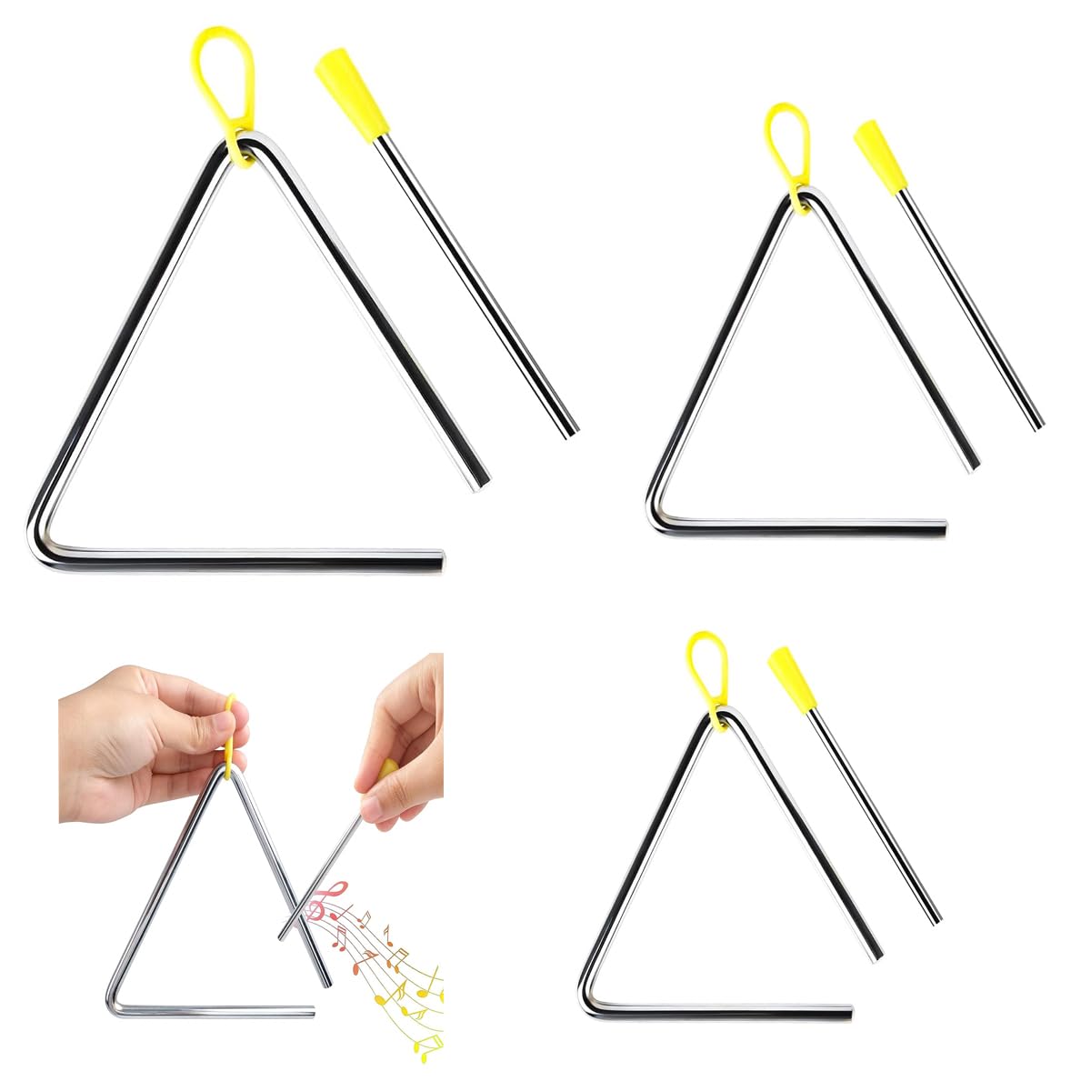 Musical Triangles, 3 Pack Hand Percussion Triangles with Strikers and Finger Holder, 4/5/6 inch Musical Steel Triangle Instruments for Early Education Toy, Music Learning, Practicing Enlightenment