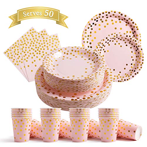 200Pcs Pink Disposable Paper Plates Cups Napkins Set - Pink and Gold Party Supplies, Gold Dots on Pink 50 Dinner Plates 50 Dessert Plates, 50 Napkins and 50 9 oz Cups for Baby Shower Birthday Parties