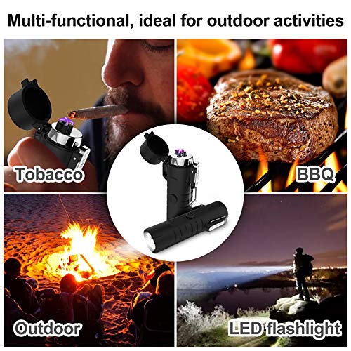 Waterproof Lighter, USB Plasma Lighter Rechargeable Electric Lighter Waterproof with Flashlight Portable Lighter Windproof Arc Lighter for Outdoor Camping Hiking (Black)