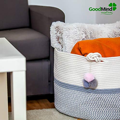 Extra Large Cotton Rope Basket 21.7"x21.7"x13.8" Soft and Safe for Kid's Room Laundry Hamper Storage Organizing Bag for Baby Clothes and Blankets, Kids Toys. Grey Nursery Woven Bin Home Decor Baskets.