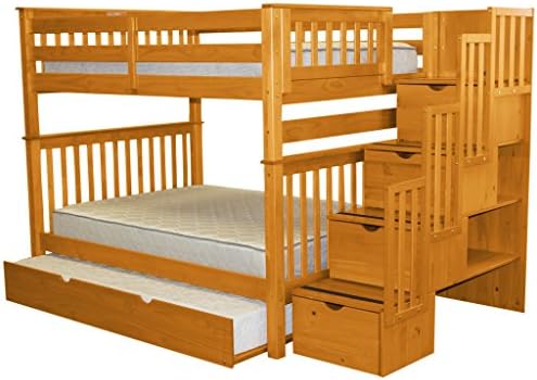 Bedz King Stairway Bunk Beds Full over Full with 4 Drawers in the Steps, Honey