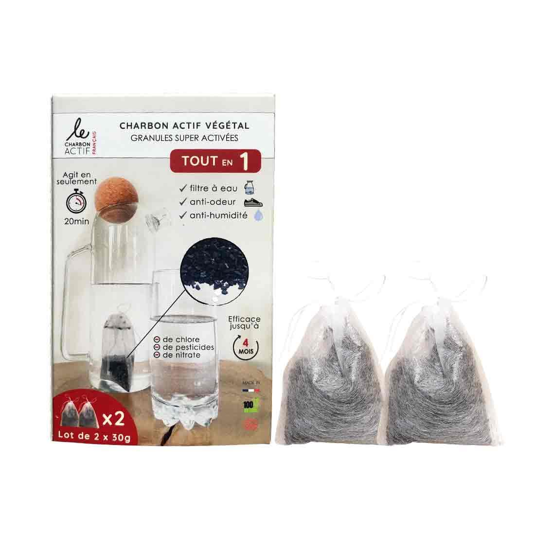 Le Charbon Actif Français Filter Refill Bags 2X30g – Reducing Chlorine, Heavy Metals, Bad Taste - 100% Natural Activated Charcoal - Made in France