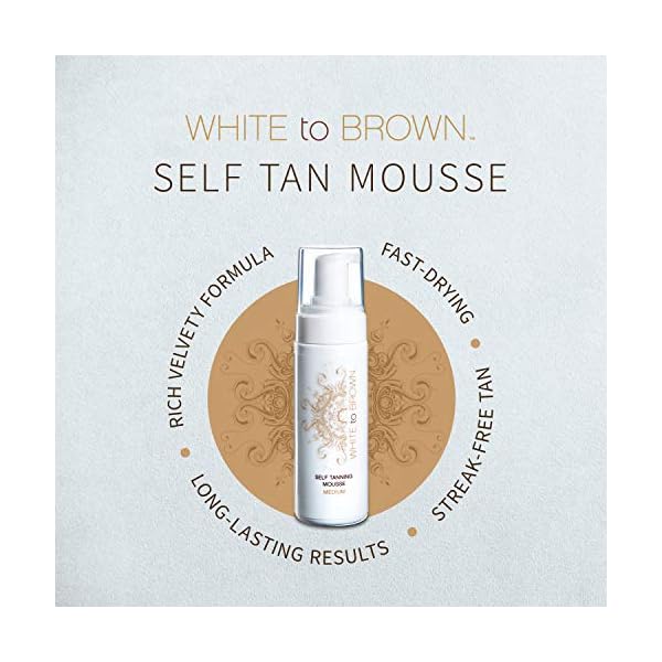 WHITE-to-BROWN-Self-Tanning-Mousse-Medium-is-a-Luxurious-No-Transfer-Fake-Tan-Mousse-Fast-Drying-Easy-application-for-a-Long-Lasting-Natural-Looking-Streak-Free-Tan-150ml WHITE to BROWN Self Tanning Mousse made with Natural Ingredients. Fast Drying, Easy application for a Long-Lasting…