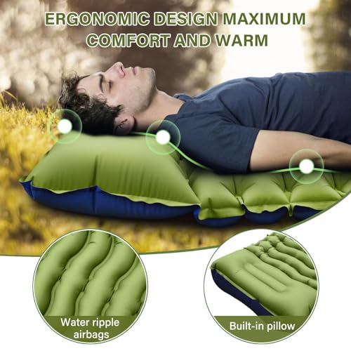 Uniiking® Camping Sleeping Pad, Ultralight Camping Mat with Pillow, Built-in Foot Pump Inflatable Sleeping Pads Compact for Camping Backpacking Hiking Traveling Tent, Green Single