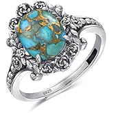 Phyonio Sterling Silver Ring for Women, Romantic Oxidized Flowers with Oval Turquoise, Bohemian Hippie Adjustable Ring Size 5-9