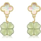 LOOYUUPEE Green Natural Jade Earrings, Four Leaf Clover Jade Earrings for Women, Jade Jewelry for Women Lucky Gifts for Girls Women (925 Sterling Silver with Gold Plated)