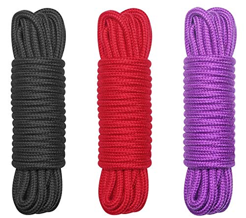 Maydahui 3PCS Soft Cotton Long Rope 32 Feet Length,1/3-Inch Diameter,Colors – Red,Black,Purple