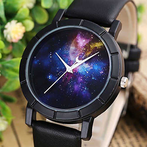 JSDDE Montre Femme Cadran de Ciel d\'étoiles Multicolore Aiguille Lune Bracelet PU Constellation