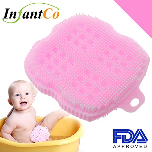 InfantCo Anti-bacterial FDA-approved Ultra Soft Baby Bath Silicone Scrubber Sponge, Foam Rub Microwave or Boil Water Sterilizing (Pink)
