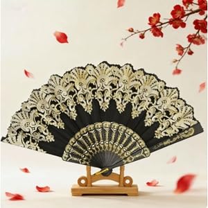 1 Piece Lace Gold Embroidery Folding Hand Fan Vintage Fabric Handheld Fan for Wedding Bridesmaids Photo Prop Spanish Dance