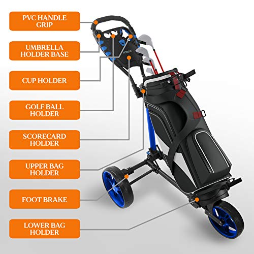 3-Wheel-Golf-Push-Cart-Lightweight-Folding-Golf-Walking-Push-Cart-Roller-Golf-Bag-Holder-w-UpperLower-Bracket-w-Elastic-Strap-Scorecard-Storage-Compartment-SereneLife-SLGCFLW