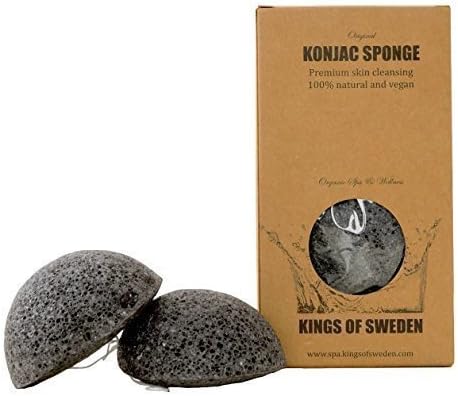 Kings of Sweden Konjac Sponge Bamboo Charcoal - Economical pack of 2 - Facial cleansing sponges for oily skin types - 100% natural, vegan, sustainable and fully biodegradable!