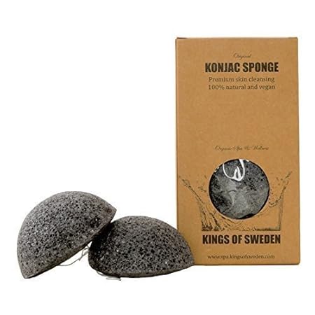Kings of Sweden Konjac Schwamm Bambuskohle (2er Sparpackung) Gesichtsreinigungsschwamm für fettige und unreine Haut 100% natü