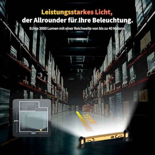 Workshop Lamp 3000LM with 3 Colour Temperatures, Work Light, LED Battery with Magnet and Hook, 5200 mAh USB-C Quick Charge, IP54 Waterproof for Car Repair, Camping, Construction Site, Garage (Yellow)