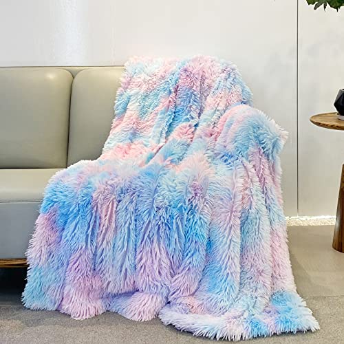 Faux Fur Rainbow Throw Blanket Super Soft Cozy Plush Fuzzy Shaggy Blanket for Couch Sofa Bed Throw Blanket Soft Fuzzy Fleece Bed Blankets for Teen Girl 60X80 inch