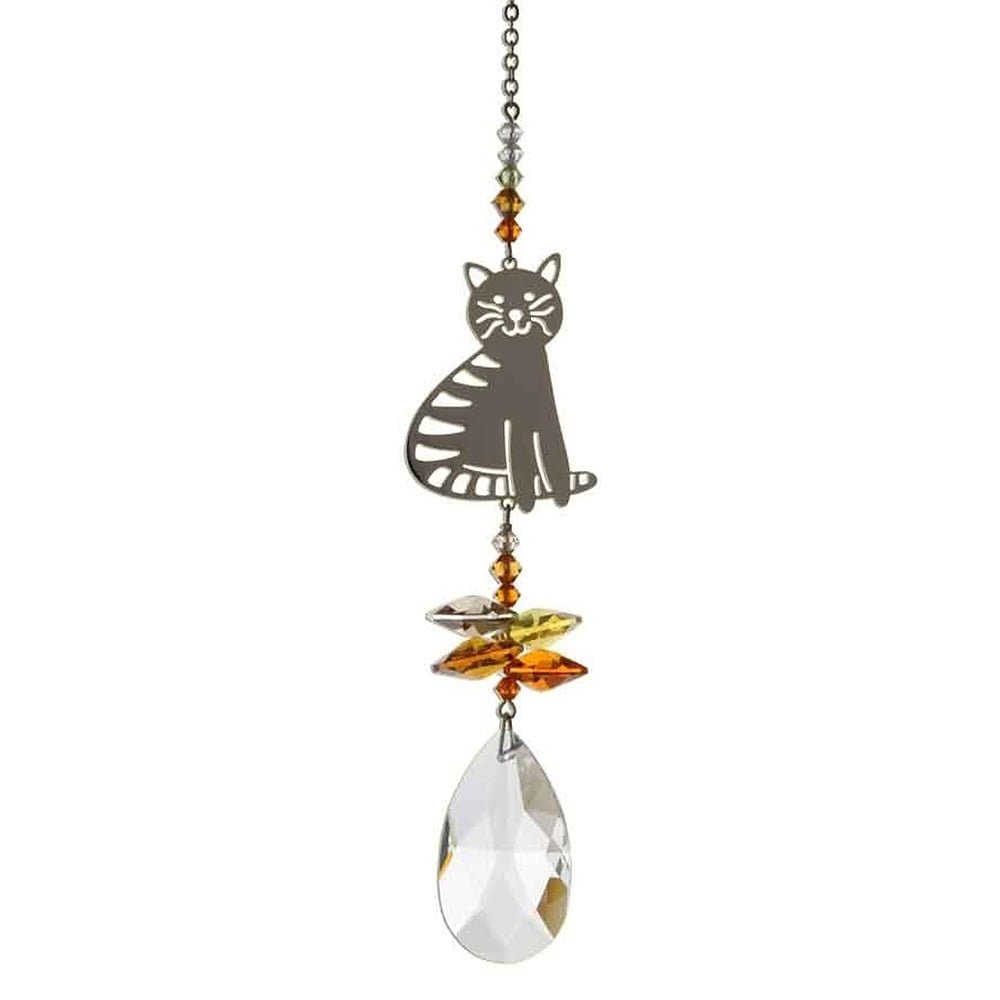 Crystal Fantasy Hanging Suncatcher/Rainbow Maker + 38mm Almond - Marmalade/Orange Sitting Cat - Embellished with Swarovski Crystals