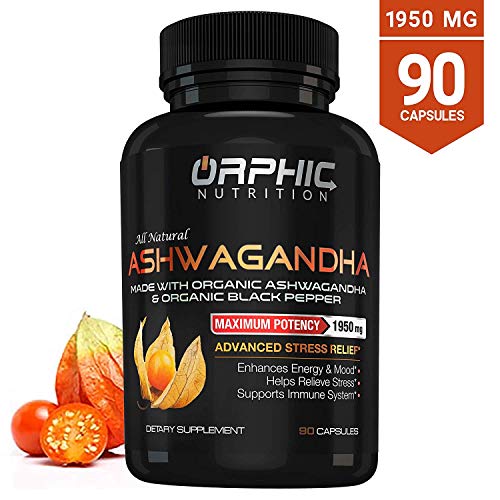 Max Potency 100% Organic Ashwagandha Capsules with Black Pepper 1950 mg | Anti-Anxiety Supplements for Stress Relief, Mood Boost & More Energy | Non-GMO & Gluten-Free | Orphic Nutrition 90 Capsules Max Potency 100% Organic Ashwagandha Capsules with Black Pepper 1950 mg | Anti-Anxiety Supplements for Stress Relief, Mood Boost & More Energy | Non-GMO & Gluten-Free | Orphic Nutrition 90 Capsules