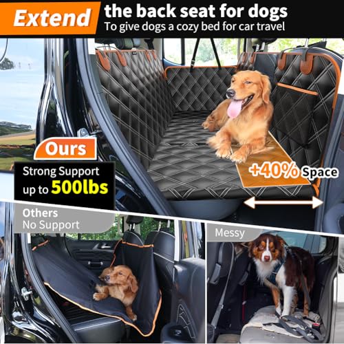 KYG Dog Seat Cover with Hard Back, Rear Seat Extender, Resistant, Scratch Resistant and Waterproof, Car Cover and SUV Black Orange 132 × 62 × 40 cm