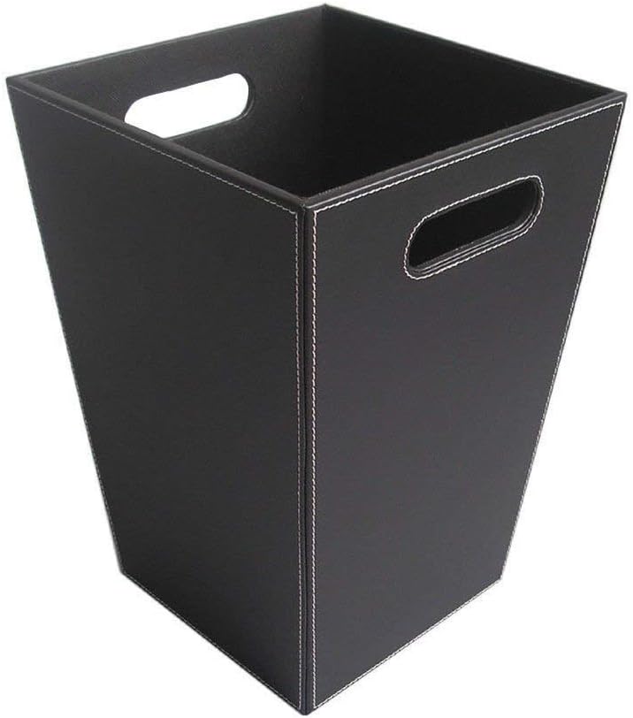 GYFHMY Classic Leather Stitched Trash Cans Waste Paper Basket Storage Bin Pockets Organizers Cube Home Decor with Portable Handle for Bathroom Kitchen and Hotel