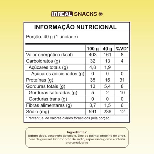 Irreal Snacks, Snack Proteico Salgado, Sabor White Cheddar, 40g, Feito com Batata Doce, Caseinato de Cálcio e Proteína de Arroz
