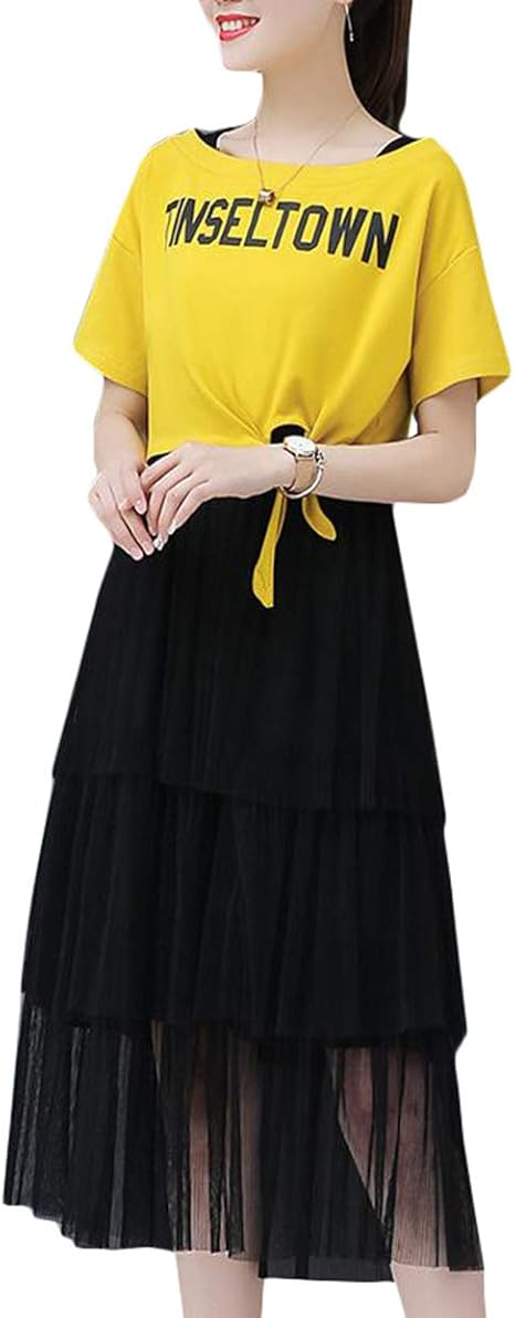 Amazon Co Jp Gergeoustシャツ レディース 半袖 セットアップ ワンピース ノースリーブ チュールワンピース ロング丈フェミニン トップス 上下セット 夏服 おしゃれ 服 ファッション小物