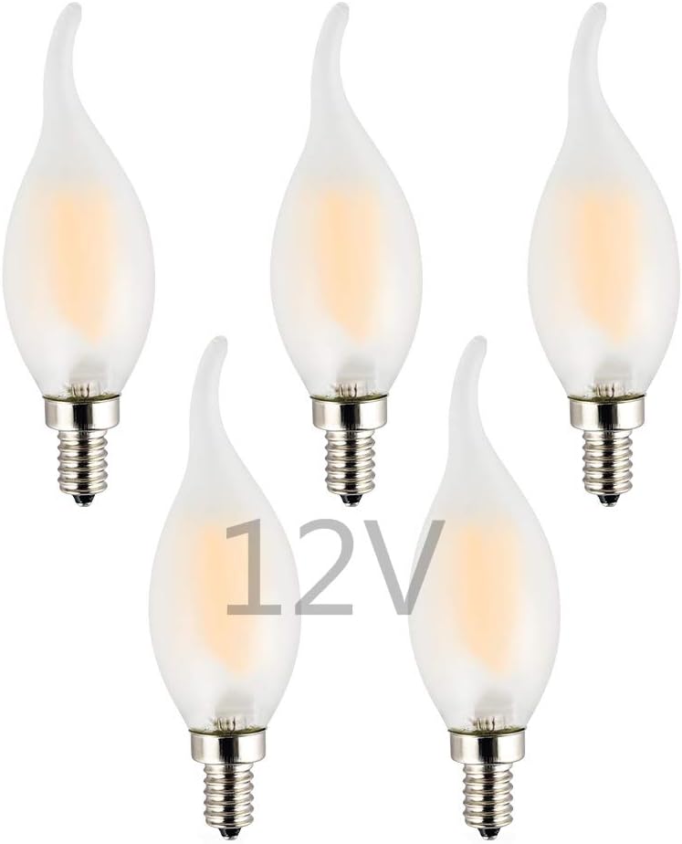 OPALRAY Low Voltage DC 12V 2W LED Candelabra Bulb, Dimmable with 12Volt DC Dimmer, 2700K Warm White Light, E12 Small Base, 25W Incandescent Replacement, Solar System 12V Battery Power, 5-Pack