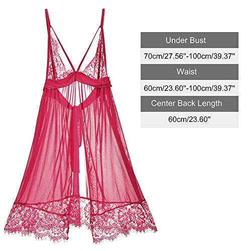 LotFancy Lingerie for Women, Sexy Lace Chemise, V-Neck Open Back Sleepwear, Adjustable Strap Nightwear, Wine Red