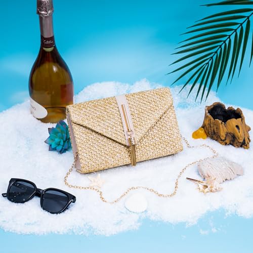 Larcenciel Women's Straw Bag, Women's Tassels Summer Beach with Detachable Chain, Elegant Boho Envelope Raffia Clutch Party, Casual Shoulder Bag Hand Wallet for Weddings Holidays, 21.7 x 5.5 x 13.5 cm