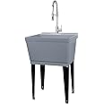 Utility Sink Extra-Deep Laundry Tub in Grey with High-Arc Stainless Steel Coil Pull-Down Sprayer Faucet, Integrated Supply Lines, P-Trap Kit, Heavy Duty Floor Mounted Freestanding Wash Station