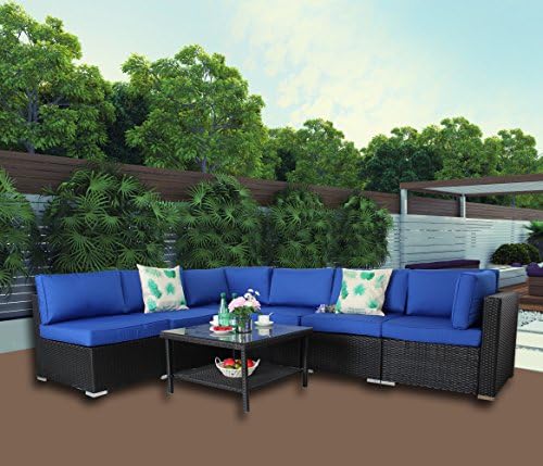 Patio Furniture 7pcs Outdoor Sofa Set Black PE Rattan Wicker Sectional Sofa Set Garden Patio Furniture Cushioned Conversation Couch Sets-Easy Assembled(Royal Blue Cushions,7 Piece)