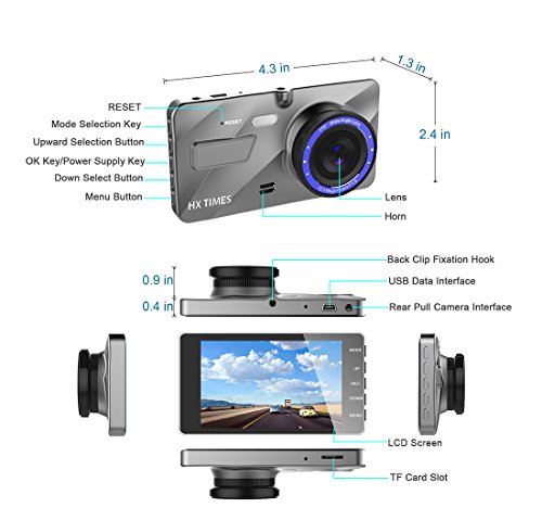 Dash Cam 4” LCD Screen Full HD 1080P 290 Wide Angle Dashboard Dual Camera Front and Rear Car DVR with Night Vision, WDR, G-Sensor, Loop Recording, Parking Monitor, Motion Detection