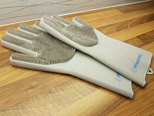  WashMe Magic Silicone Gloves with Wash Scrubber, 1 Pair of Cleaning Gloves for Dishwashing, Pet Bathing, Bathroom and Car Cleaning, Reusable and Heat Resistant Gloves (13.8 inches, XL) (Grey)  - Thumbnail 2
