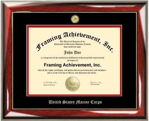 USMC Gold Insignia Logo and Embossed United States Marine Corps Certificate Military Matted Wall Frame - Premium Glossy Prestige Mahogany with Gold Accents Wood Frame - Top mat (Black) Inner mat (Red) - USMC Frame - Military Retirement Gift Picture Photo Frame