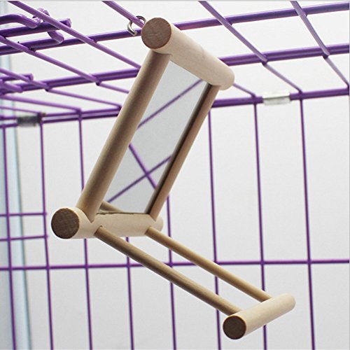 Bird Toys Wooden Perch With Mirror Parrot Cage Stands Chewing Playing Hanging Toys
