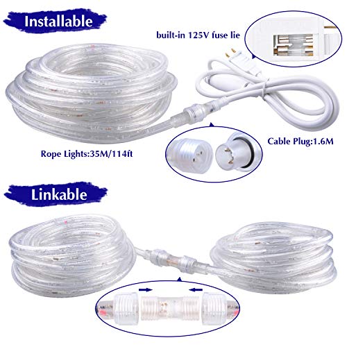 JUNWEN Led Rope Lights Outdoor, Indoor, 114ft 35m, Strip Light, Warm White, 1260LEDs, Waterproof, String Lighting, Plug in 110V, Connectable, Cuttable, Flexible, 8A Fuse Holder Powered - Thumbnail 4