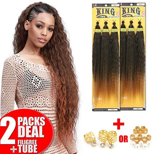 [2PACKS DEAL] Bobbi Boss King 3X Value Pre-Feathered Waves Tips Wet & Wavy Style 28" Braid KINGTIPSWE283X with Gold Filigree Tube 3pcs (T1B/27 [T:Off Black, B:Strawberry Blonde])