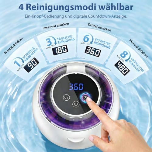 Pulitore ultrasuoni, 45000Hz con 6 luci UV, ultrasonic cleaner ricaricabile con 4 modalità. Per retenitori, protesi, brackets, allineatori, impianti e gioielli in argento
