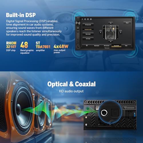 Eonon 7 pouces Android 13 2Din 6+64 Go 4G GPS CarPlay Android Auto Mise en miroir d'écran Écran partagé Charge rapide BT WiFi Bouton de volume Unité principale avec caméra de recul Autoradio UX6S